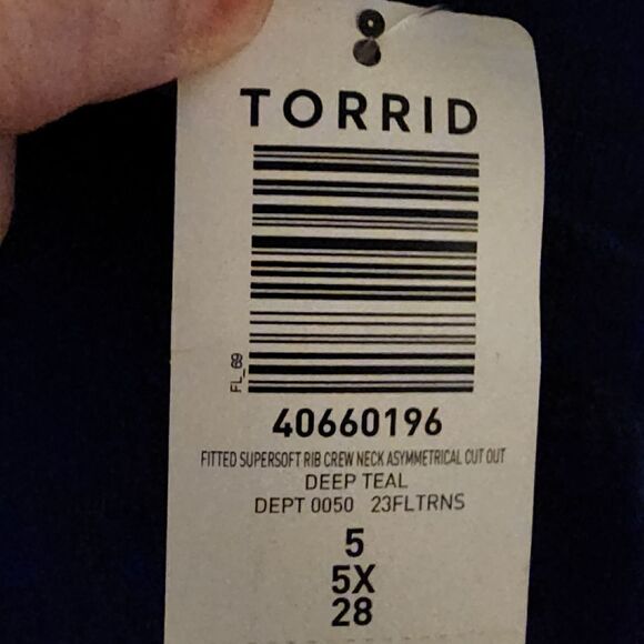 5X 28W Torrid Teal Rib Crew Neck Asymmetrical Cut Out Tee Super Soft Fitted NWT - Picture 7 of 7